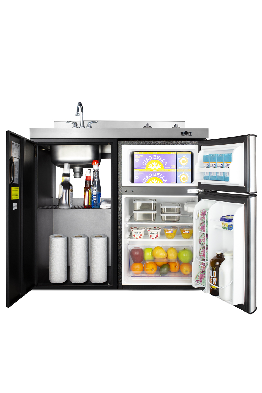 39 inch wide all-in-one kitchenette in black with a 2-burner 115V smooth-top cooktop, 2-door refrigerator-freezer, sink, and storage cabinet